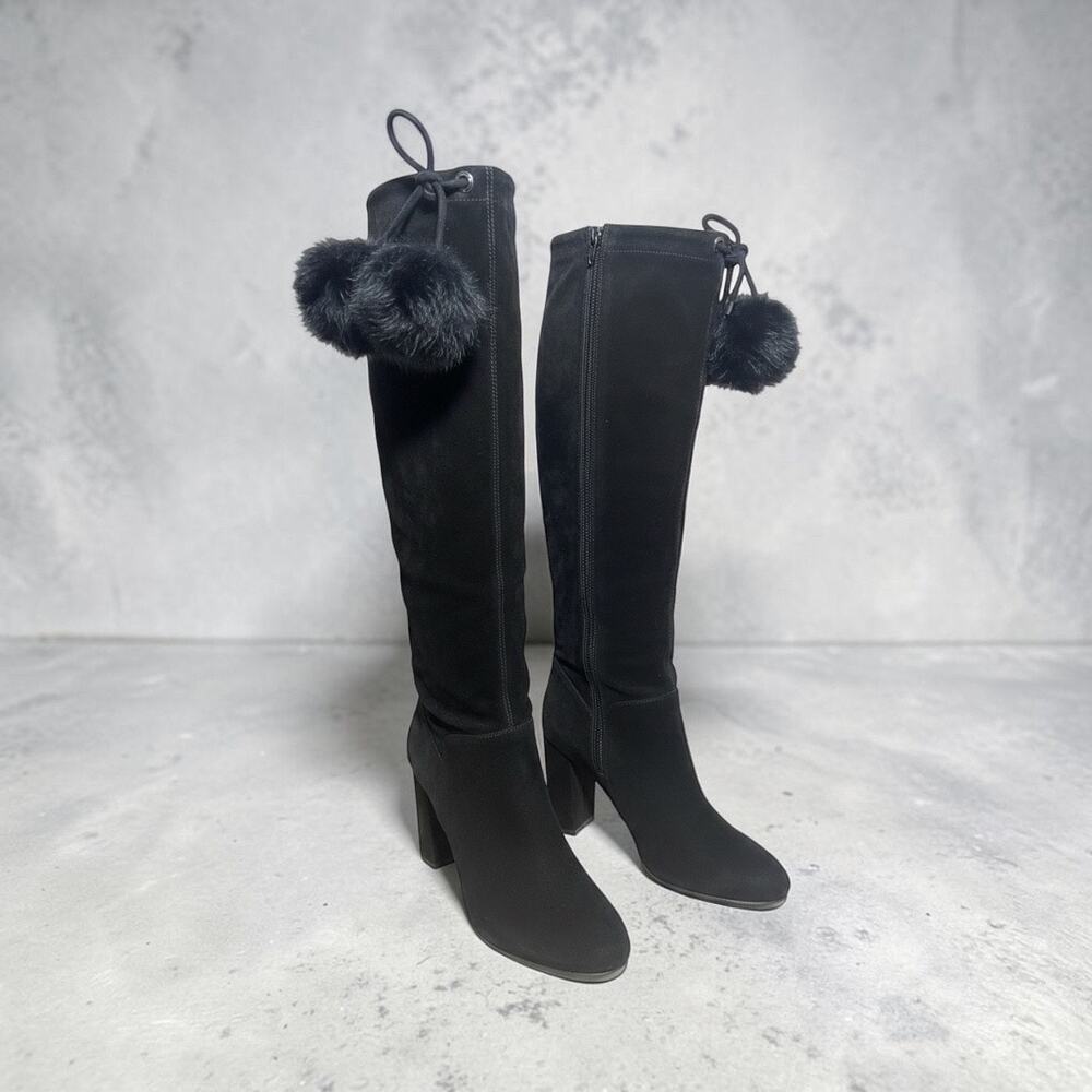 Michael Kors Remi Suede Knee High Black Boots Size 6 w/Faux Fur Pom Poms NWOB